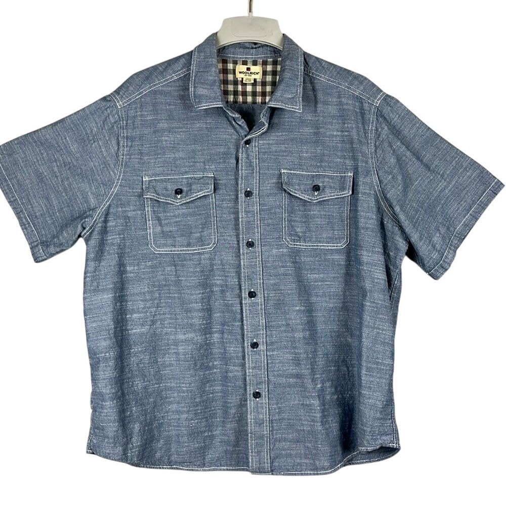 Woolrich Short Sleeve Button Up Shirt Mens Size XXL Blue Heathered Cotton Pocket
